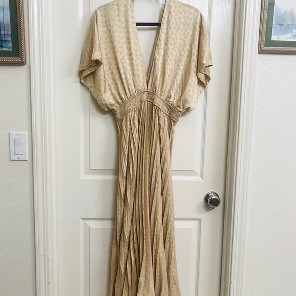 Golden Gatherings Pleated Satin Maxi Dress Size Large - Picture 8 of 10